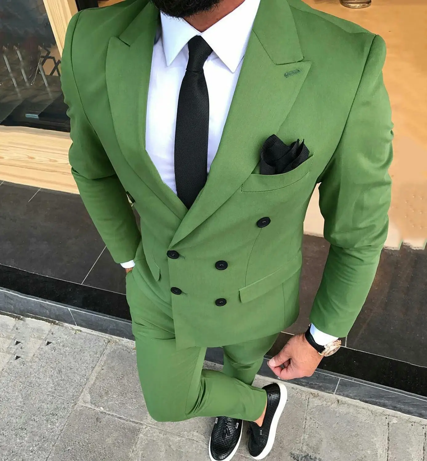 Men Formal Wear Green - Мужской костюм, двубортный, оливково-зеленый, для свадьбы,