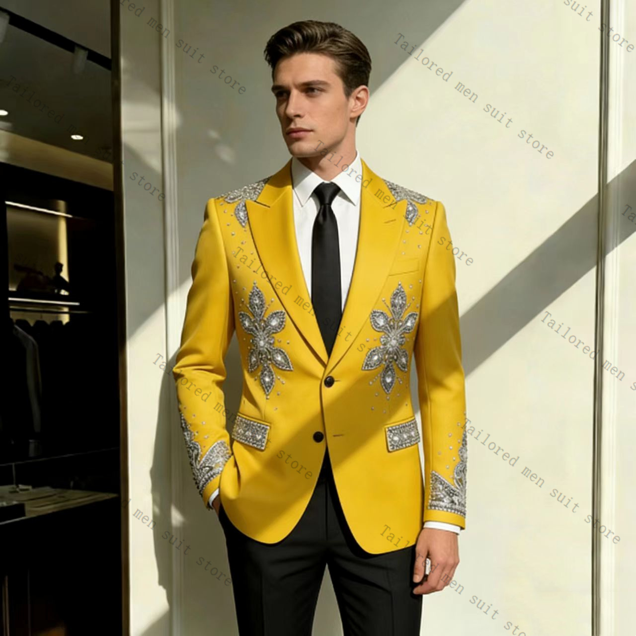 Formal Wear For Men Yellow - Желтый мужской костюм-двойка с кристаллами: пиджак