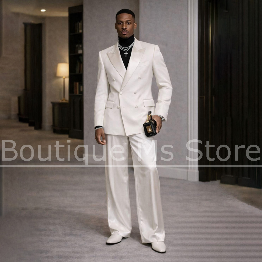 Men Formal Wear Modern - Мужской белый атласный костюм-двойка с двубортным
