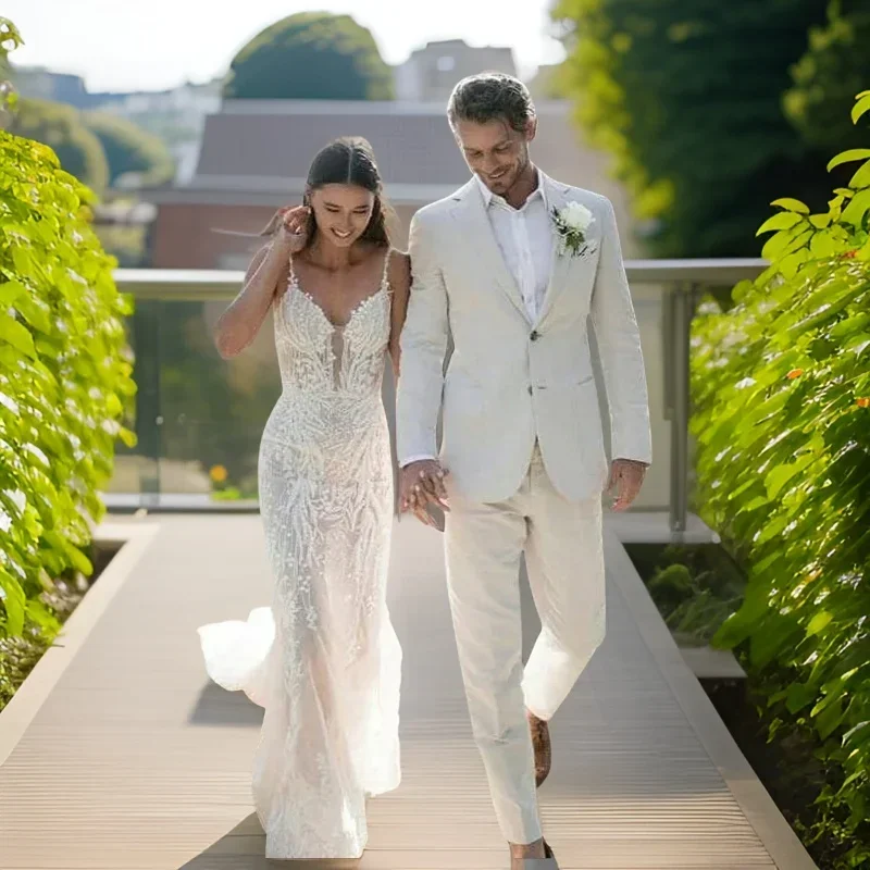 Men Formal Wear Modern - Льняной свадебный смокинг для мужчин, летние
