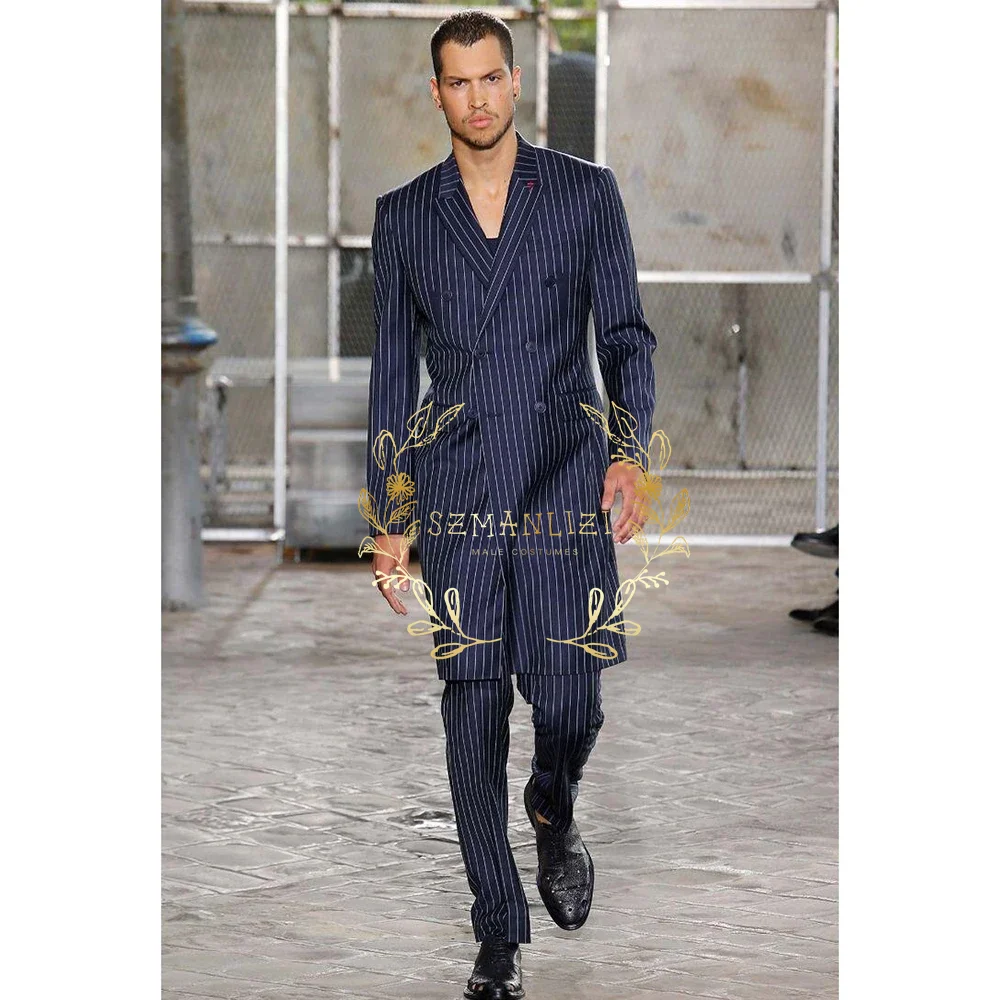 Men Formal Wear Modern - Мужской деловой костюм-двойка: темно-синий в полоску,